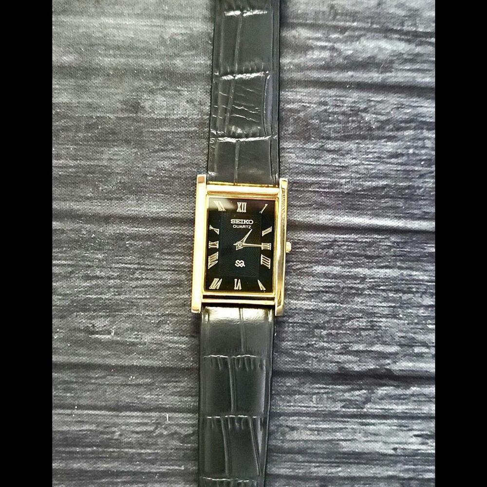 *GOLD Black Dial New Batt & Movt Men's Tank‎ Dress Watch